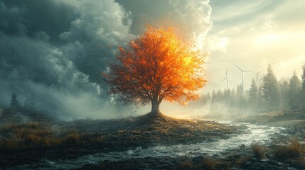 Canvas Print - A lone tree glows with golden light against a stormy sky, with wind turbines and a river in the background.