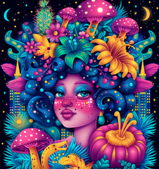 Wall Mural - A woman with a flower crown on her head is surrounded by mushrooms and flowers. The image has a whimsical and colorful feel to it, with a sense of fantasy and imagination