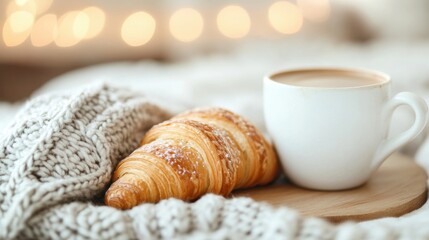 A comforting breakfast in bed featuring a flaky croissant and a steaming cup of coffee nestled among soft blankets