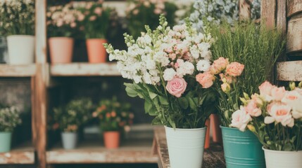 Wall Mural - A cozy flower shop features delightful bouquets arranged in pots and vases, creating a vibrant atmosphere with fresh blooms everywhere