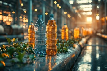 Wall Mural - Two plastic bottles on a metal surface with plants in the foreground. The background is blurry with a factory setting and sunset lighting.