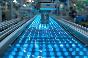 Poster - A robotic arm works on a solar panel assembly line.