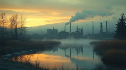 Sticker - A misty sunrise over a river with a silhouetted industrial complex in the background.