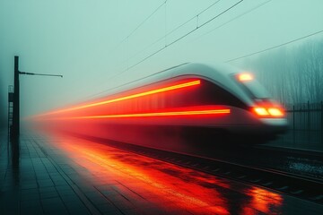 Sticker - A high-speed train streaks through a foggy landscape, leaving a trail of red lights behind.