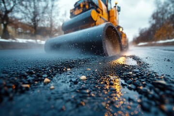 A close-up shot of a road roller compacting asphalt on a road construction site. The roller is moving forward and leaving a trail of water and steam behind it.