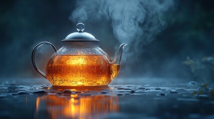 Poster - A glass teapot with steaming hot tea on a wet surface with a blurred background.