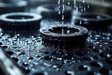 Poster - Close-up of water dripping onto a tray of metal parts.