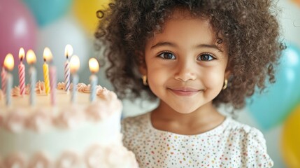 Poster - A cheerful girl with curly hair blows out birthday candles on a beautiful cake while surrounded by vibrant balloons and festive decorations