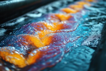 Canvas Print - Abstract close-up of colorful liquid flowing on a dark surface.