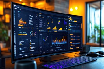 Sticker - A large computer monitor displays a complex dashboard of graphs and charts,  indicating data analysis and business intelligence.