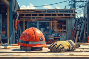 A red hard hat and a yellow work glove lie on a wooden surface outside a construction site, with tools and building materials in the background.