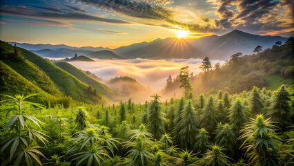 Lush cannabis plantation in misty mountains at sunrise , cannabis, plantation, misty, mountains, sunrise, natural, landscape