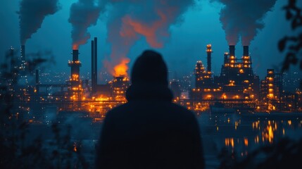 Poster - A hooded figure stands in the foreground of a city skyline with a large industrial complex in the distance, emitting plumes of smoke. The sky is dark and ominous, suggesting pollution.