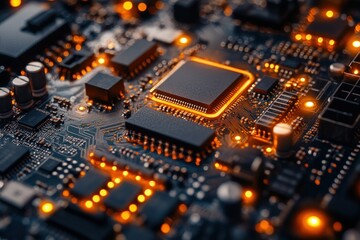 Poster - Close-up of a glowing CPU on a circuit board, with intricate details and a sense of power.