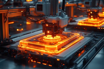 Poster - Automated robotic arm working on a production line in a factory, using a laser to weld a component onto a glass panel.