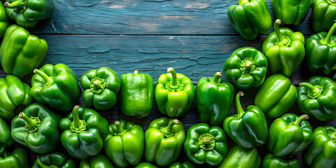 Vibrant flat lay of green bell peppers, healthy, fresh, organic, vegetables, produce, colorful, food, vegan, vegetarian