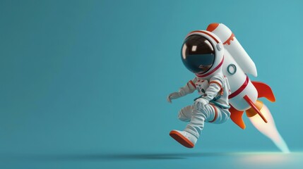 Astronaut flying with rocket illustration 3d rendering on blue background AI generated image