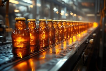 Sticker - A row of amber glass bottles on a conveyor belt in a brewery, illuminated by warm light.