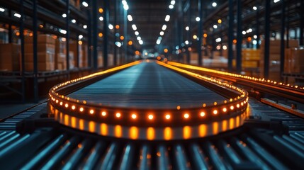 Wall Mural - A conveyor belt with LED lights in a warehouse.