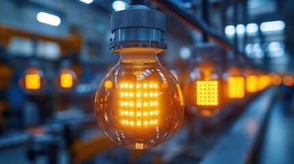 Poster - Close-up of a row of illuminated LED light bulbs on a production line in a factory.