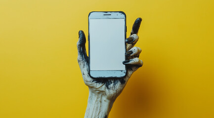 Wall Mural - A scary hand is holding a smartphone, created with Generative AI technology.