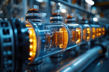 Close-up of industrial equipment with glowing orange lights.