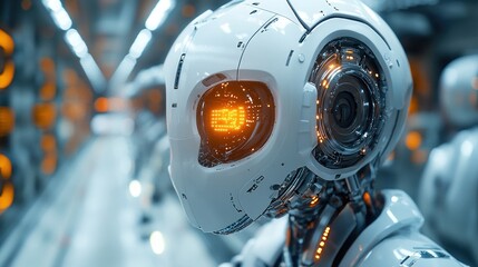 Wall Mural - Close-up of a white humanoid robot with glowing orange eyes, standing in a futuristic factory.