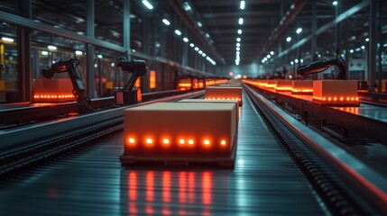 Poster - Automated conveyor belt system with robotic arms moving boxes in a warehouse.