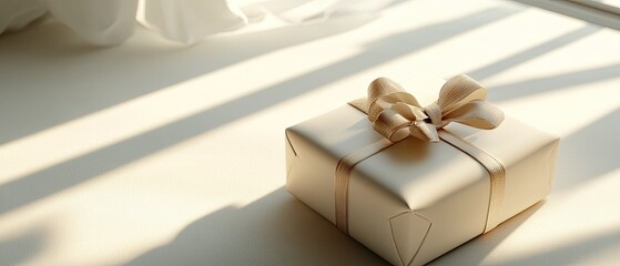 A beautifully wrapped gift box with a ribbon, illuminated by soft sunlight, creating an inviting and warm atmosphere.