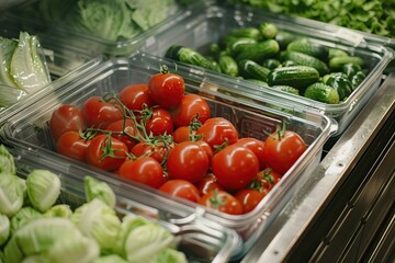 Wall Mural - Fresh Tomatoes and Cucumbers in a Grocery Store Display