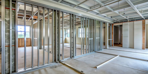 Metal frames and plasterboard drywall installation in apartment under construction, renovation process