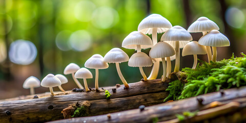 group of white mushrooms growing on a log , mushroom, fungi, forest, nature, woodland, growth, fungu