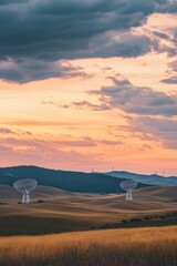 Wall Mural - Scenic Sunset Over Rolling Hills with Radio Telescopes and Wind Turbines in the Distance