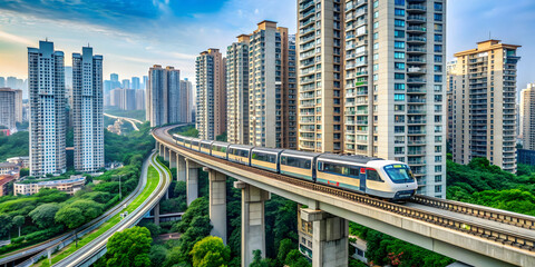 Monorail metro passing through a high-rise residential building at the station Liziba in Chongqing , Chongqing