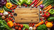 © janya - Fresh vegetables arranged around a wooden cutting board with copy space , healthy, organic, produce, farm fresh