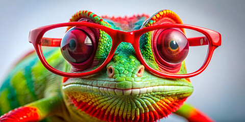 Vibrant and playful chameleon with oversized red glasses, chameleon, glasses, vibrant, playful, colorful, reptile, exotic, bright