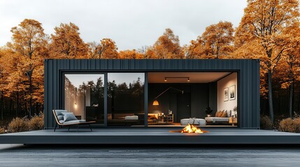 Minimalist container home with a dark exterior, large glass doors, and a small outdoor fire pit, dark exterior, cozy atmosphere