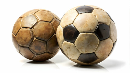 Close-up of two vintage soccer balls on a white background , sports, football, old, retro, equipment, isolated, classic, leather