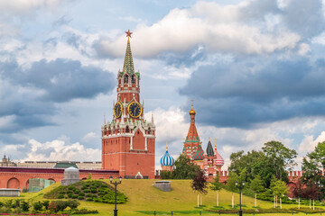 Spasskaya Tower viewed inside Kremlin, Moscow, Russia.