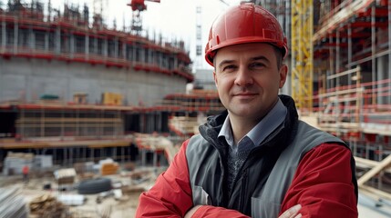 Confident site manager in his 40s smiling at camera, standing in front of a nuclear plant under construction, dressed in safety clothing. Industrial development, construction site, and nuclear energy 