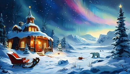 Magical North Pole scene with Santa’s sleigh parked outside an igloo, surrounded by twinkling stars and polar bears playing in the snow