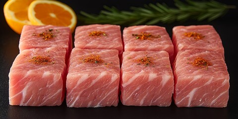 Freshly cut cubes of raw meat seasoned with herbs and spices on a black surface