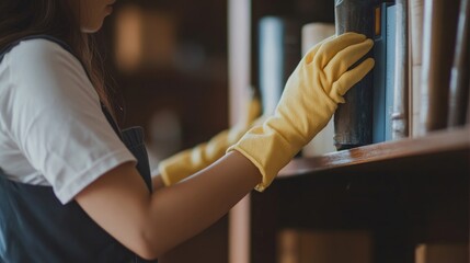 Close-up of a homemaker dusting a bookcase highlights the importance of maintenance.