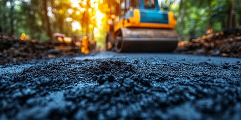 Freshly laid asphalt, a close-up view of the texture and depth of the newly paved road, with the blurred background showcasing the machinery used in the construction process