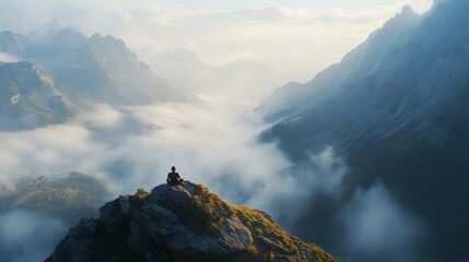 Person meditating on mountain peak