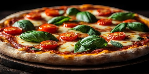 A freshly baked pizza with a crispy crust, topped with melted mozzarella cheese, juicy cherry tomatoes, and fragrant basil leaves, a symphony of flavors and textures.