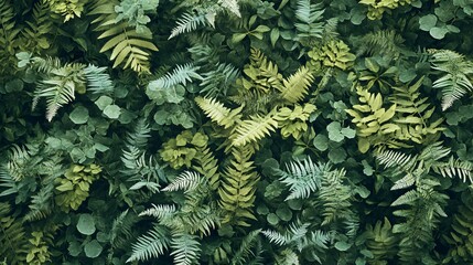 Sticker - Lush green foliage with ferns and leaves, a vibrant natural backdrop.