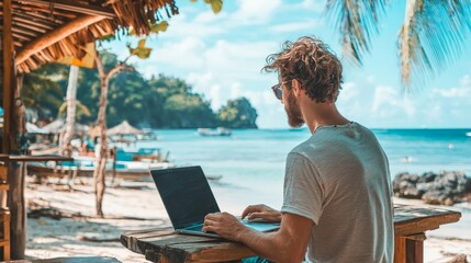 A digital nomad working on a laptop from a tropical beach, blending work with travel and lifestyle