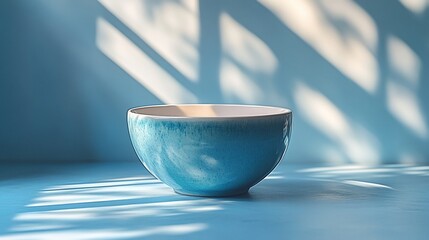 Wall Mural - A blue ceramic bowl sits on a blue table with sunlight streaming through the window.