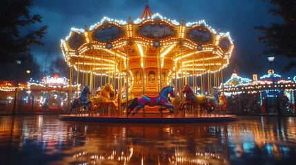 A brightly lit carousel in an amusement park at night with horses and lights reflecting in a puddle of water.